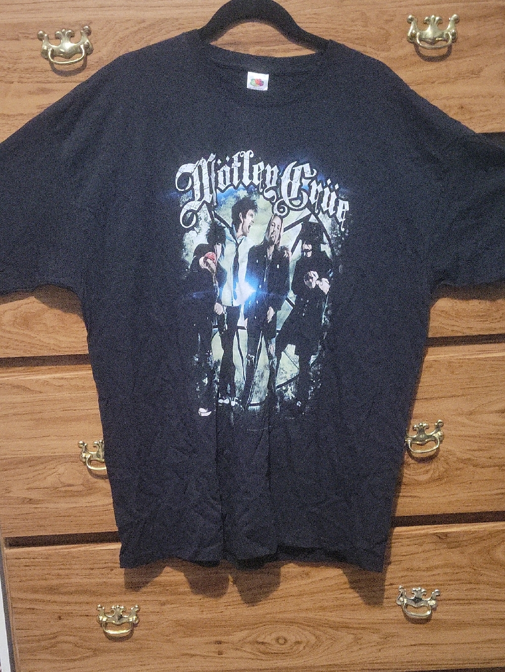 Fruit of the Loom Black Graphic Band Tee with Blue and White Print